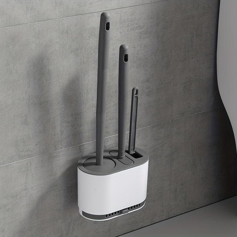 No Slip Silicone Toilet Brush Set with Long Handle and Soft Bristles