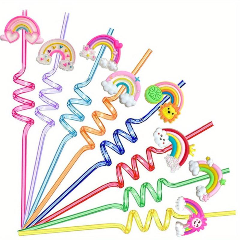 8pcs Rainbow Bridge Party Reusable Curved Straw for Children's Birthday Decor