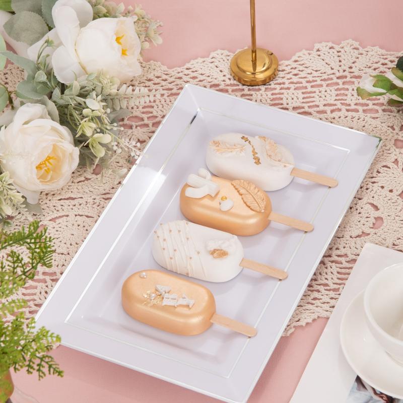 12pcs Silver Rim Rectangle Serving Trays Disposable Platters for Party