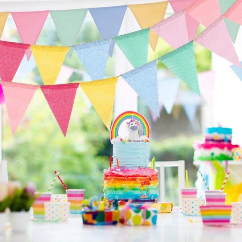 Colorful Linen Flags Pennant Birthday Bunting Banners Wall Hanging