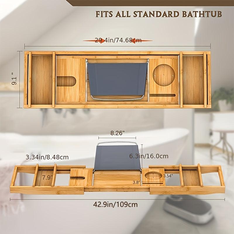 Expandable Bathtub Caddy Tray Rack Bamboo Wood Adjustable Reading Rack