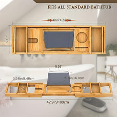Expandable Bathtub Caddy Tray Rack Bamboo Wood Adjustable Reading Rack