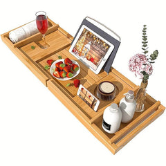 Expandable Bathtub Caddy Tray Rack Bamboo Wood Adjustable Reading Rack