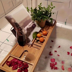 Expandable Bathtub Caddy Tray Rack Bamboo Wood Adjustable Reading Rack