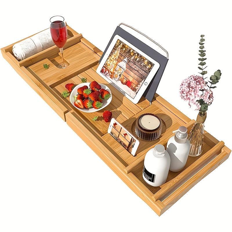 Expandable Bathtub Caddy Tray Rack Bamboo Wood Adjustable Reading Rack