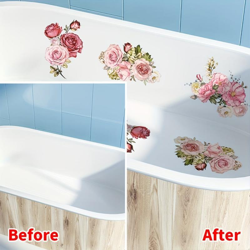 6pcs Pink Flower Bathtub Appliques Non Slip Anti Slip PVC Adhesive Stripe