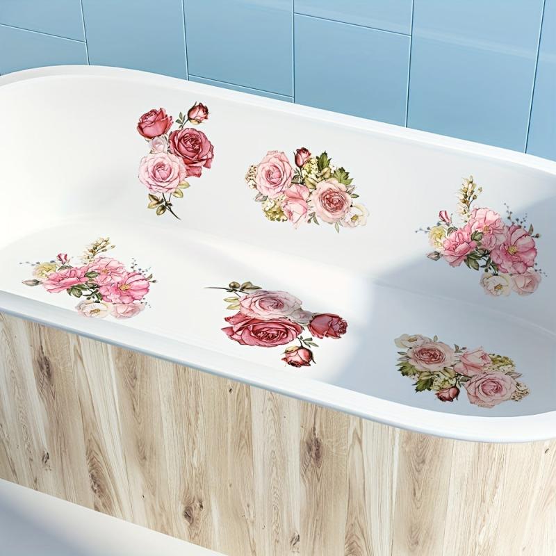 6pcs Pink Flower Bathtub Appliques Non Slip Anti Slip PVC Adhesive Stripe