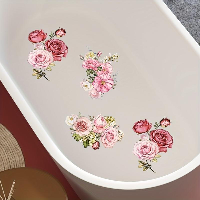 6pcs Pink Flower Bathtub Appliques Non Slip Anti Slip PVC Adhesive Stripe