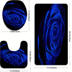 3PCs Rose Flower Flannel Toilet Floor Mat Bathroom Non-slip Absorbent Mat