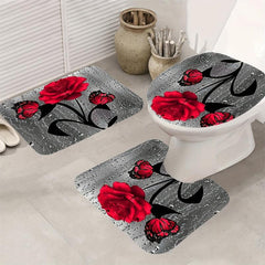 3PCs Rose Flower Flannel Toilet Floor Mat Bathroom Non-slip Absorbent Mat