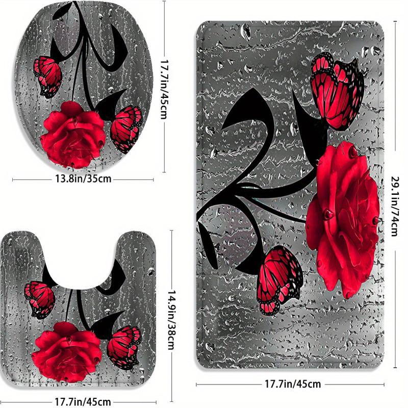 3PCs Rose Flower Flannel Toilet Floor Mat Bathroom Non-slip Absorbent Mat