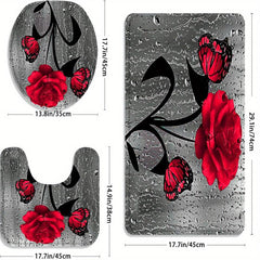 3PCs Rose Flower Flannel Toilet Floor Mat Bathroom Non-slip Absorbent Mat