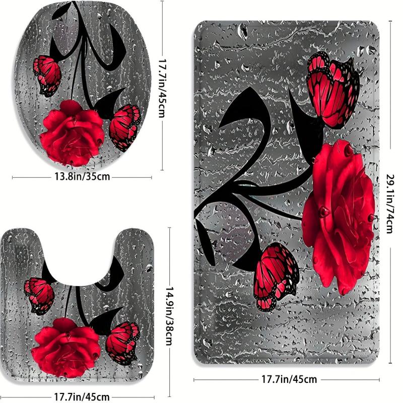 3PCs Rose Flower Flannel Toilet Floor Mat Bathroom Non-slip Absorbent Mat