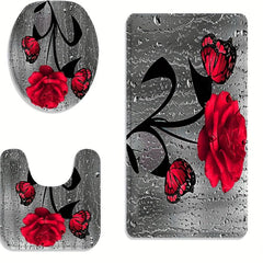 3PCs Rose Flower Flannel Toilet Floor Mat Bathroom Non-slip Absorbent Mat