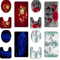 3PCs Rose Flower Flannel Toilet Floor Mat Bathroom Non-slip Absorbent Mat