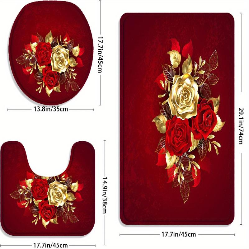 3PCs Rose Flower Flannel Toilet Floor Mat Bathroom Non-slip Absorbent Mat