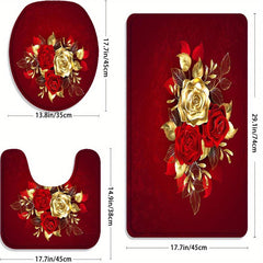 3PCs Rose Flower Flannel Toilet Floor Mat Bathroom Non-slip Absorbent Mat