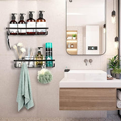 Shower Caddy Basket Shelf Soap Holder Towel Hooks No Drilling Adhesive