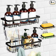 Shower Caddy Basket Shelf Soap Holder Towel Hooks No Drilling Adhesive