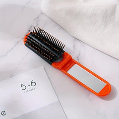 Compact Folding Hair Brush With Mirror Round Mini Comb