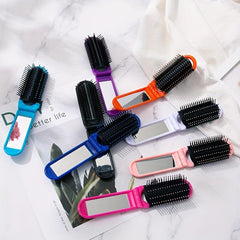 Compact Folding Hair Brush With Mirror Round Mini Comb