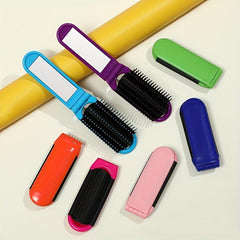 Compact Folding Hair Brush With Mirror Round Mini Comb