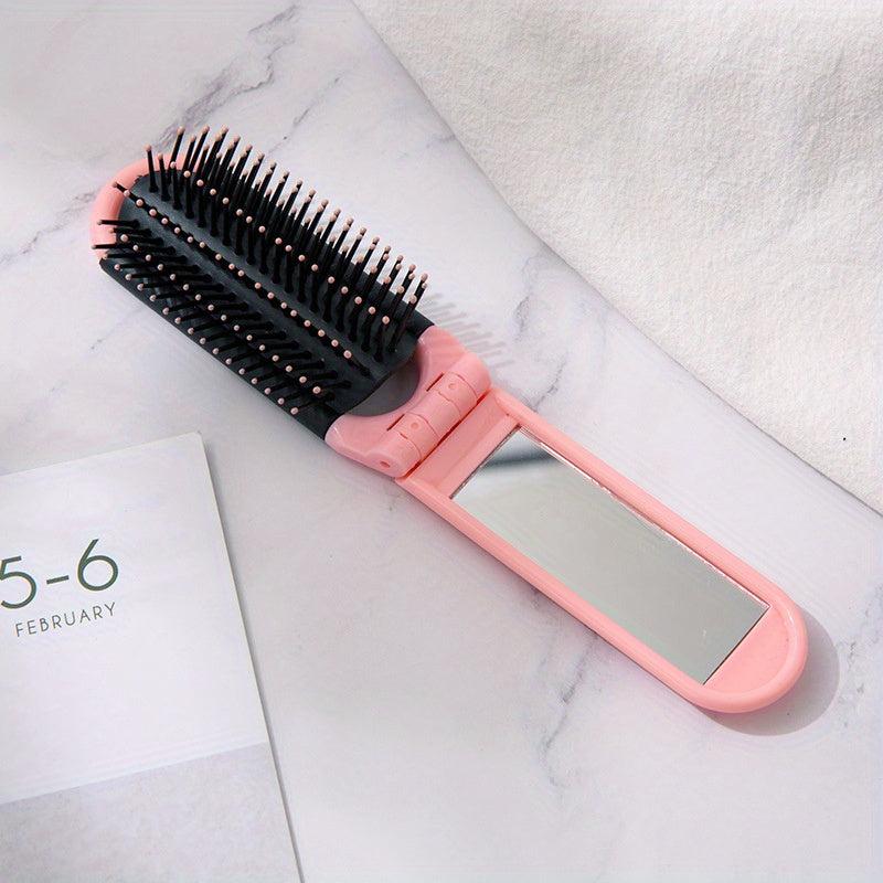 Compact Folding Hair Brush With Mirror Round Mini Comb