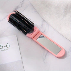 Compact Folding Hair Brush With Mirror Round Mini Comb