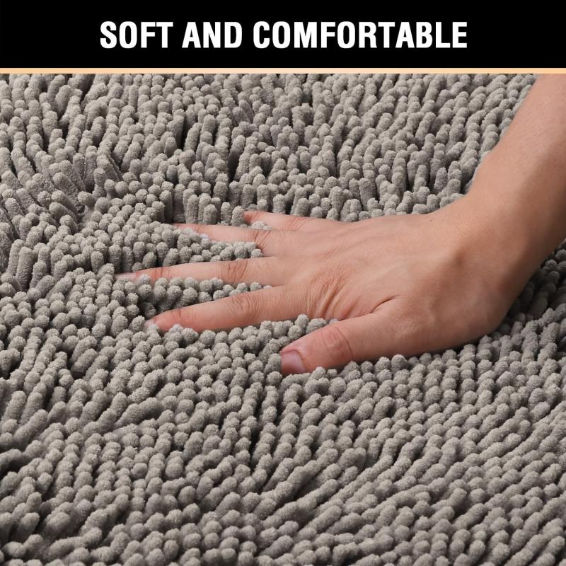 Chenille Bath Rugs Shag Shower Mat Non Slip Grey