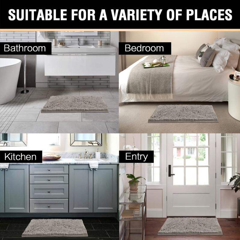 Chenille Bath Rugs Shag Shower Mat Non Slip Grey