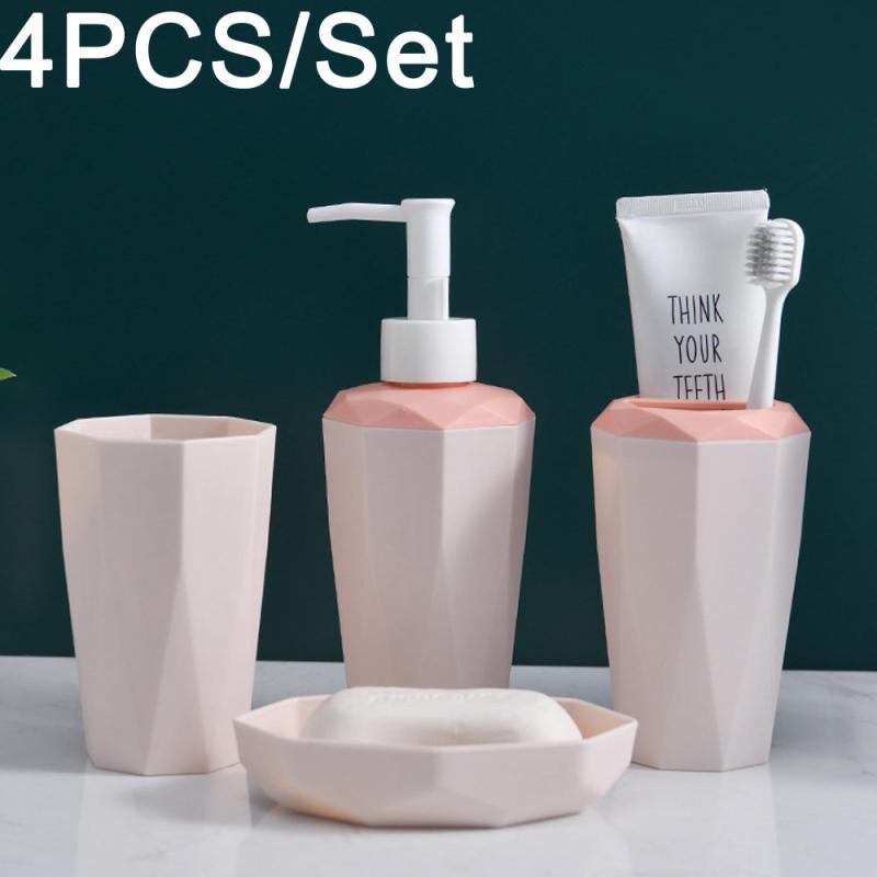 4-Piece Bathroom Accessory Set Soap Dish Lotion Dispenser Gargle Cup Toothbrush