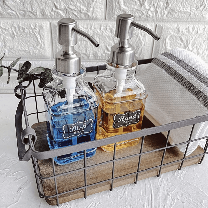 2pcs Vintage Soap Dispenser Glass Rust Proof Stainless Steel Pump Refillable