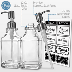 2pcs Vintage Soap Dispenser Glass Rust Proof Stainless Steel Pump Refillable