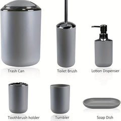 6pcs Bathroom Accessories Set Grey Toothbrush Holder Soap Dispenser Trash Can