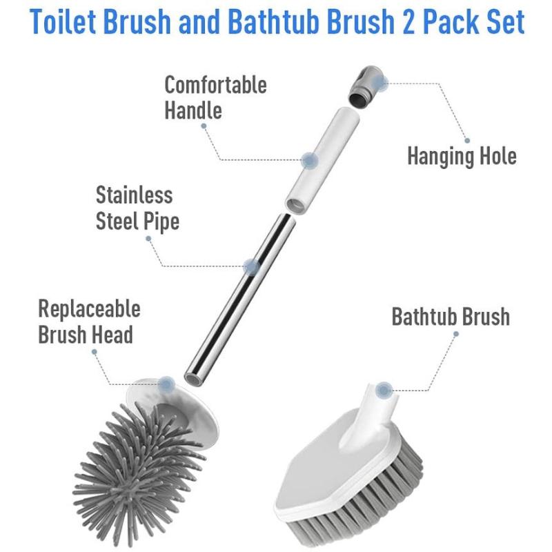 Silicone Toilet Brush & Holder Set Non Slip Handle Soft Bristles Bathroom Access
