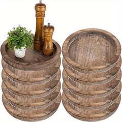 10pcs Rustic Wooden Serving Tray Round Wood Butler Decorative Tray