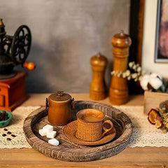 10pcs Rustic Wooden Serving Tray Round Wood Butler Decorative Tray
