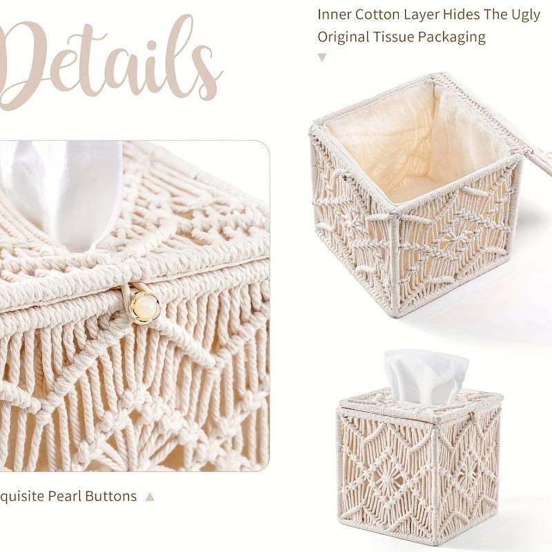 Boho Tissue Box Cover Square Holder Organizer for Home Decor