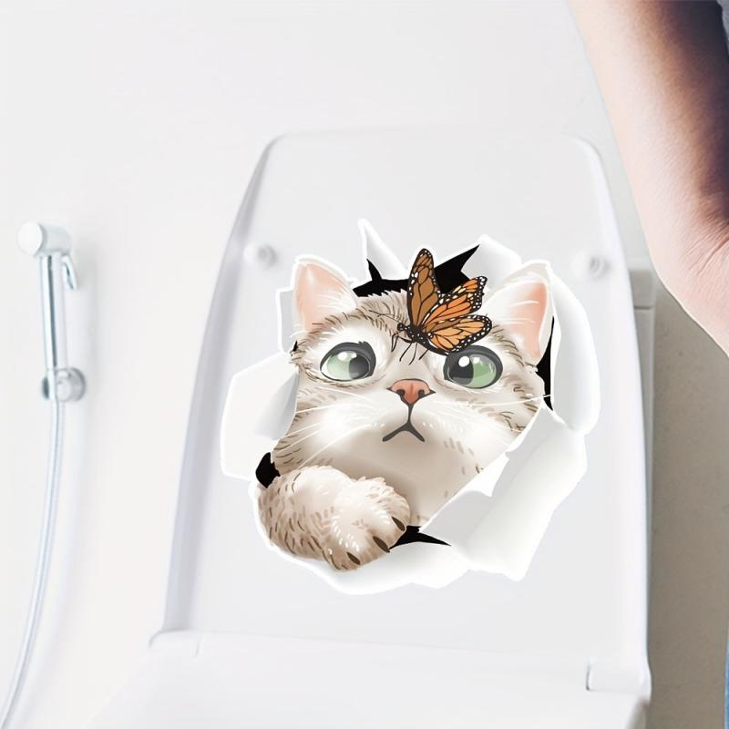 Cartoon Cat Through Torn Toilet Decoration Sticker