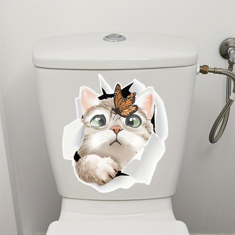 Cartoon Cat Through Torn Toilet Decoration Sticker