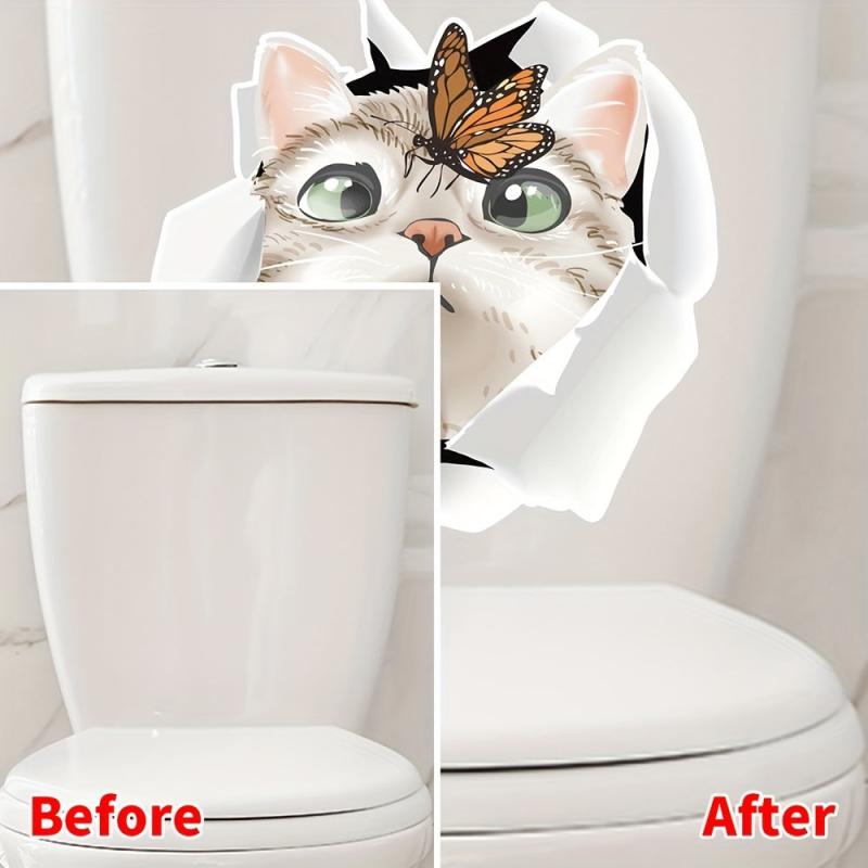 Cartoon Cat Through Torn Toilet Decoration Sticker