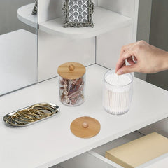 Qtips Holder Dispenser Bamboo Lid for Bathroom Storage