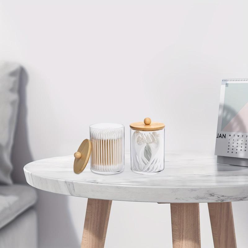 Qtips Holder Dispenser Bamboo Lid for Bathroom Storage