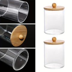 Qtips Holder Dispenser Bamboo Lid for Bathroom Storage
