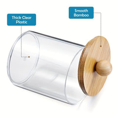 Qtips Holder Dispenser Bamboo Lid for Bathroom Storage