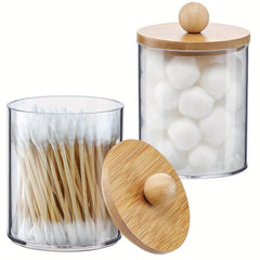 Qtips Holder Dispenser Bamboo Lid for Bathroom Storage