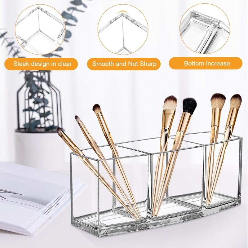 Acrylic Makeup Brush Holder with 3 Slots Clear Cosmetic Storage