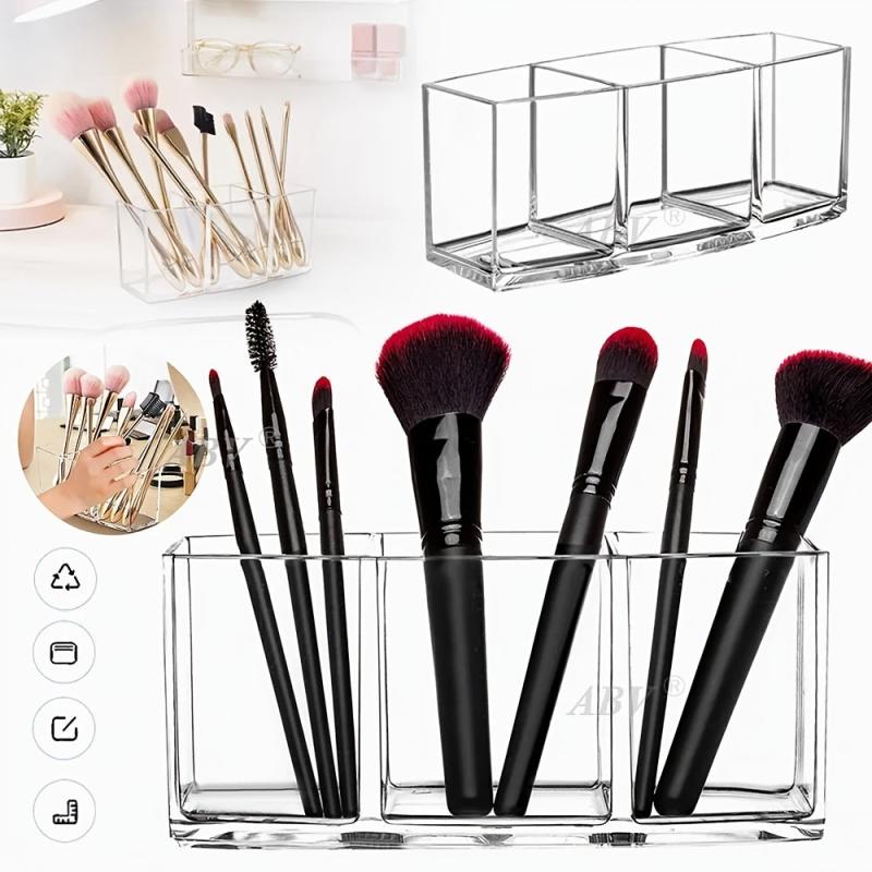 Acrylic Makeup Brush Holder with 3 Slots Clear Cosmetic Storage