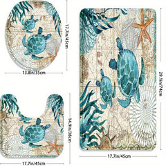 3PCs Ocean Flannel Toilet Floor Mat Set Non slip Thickened Absorbent Quick dry