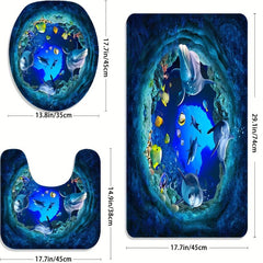 3PCs Ocean Flannel Toilet Floor Mat Set Non slip Thickened Absorbent Quick dry